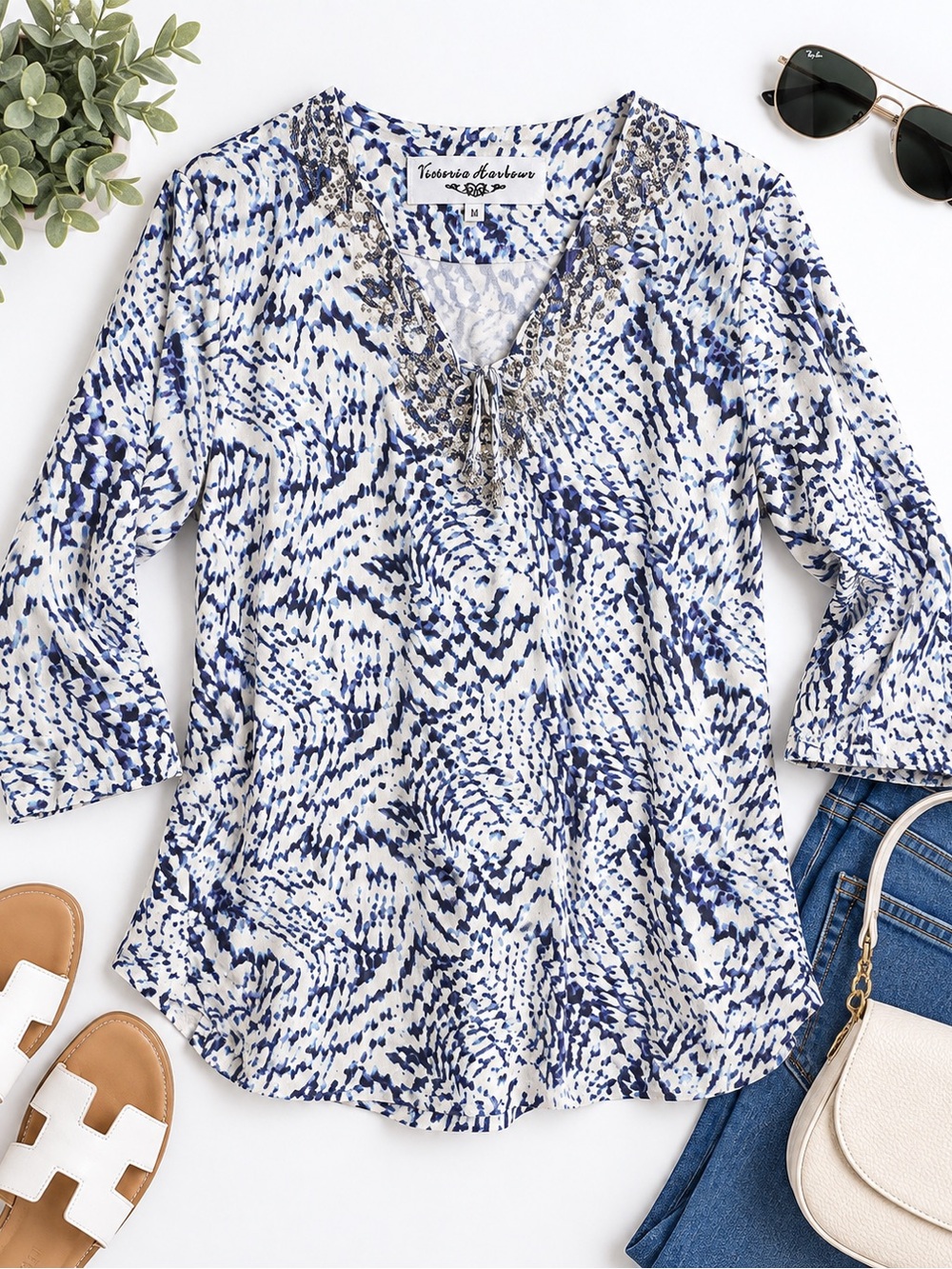 Victoria Harbour Blue & White Embellished Tunic Top – Size M